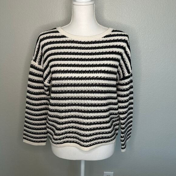 Loft NWT black and off white striped 100% cotton long sleeve sweater M - Picture 1 of 9